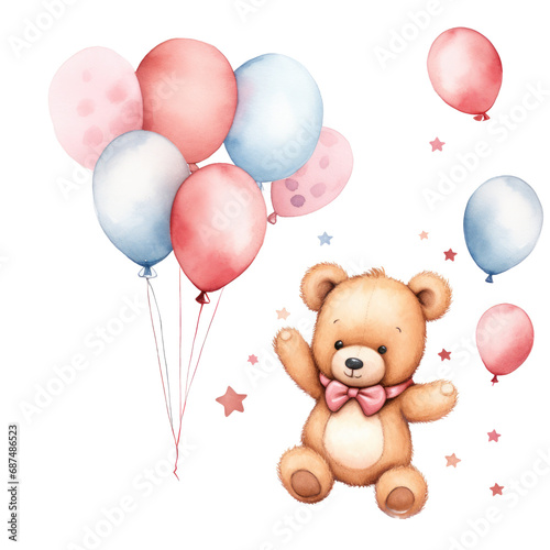 Cute teddy-bear, pink and blue balloons, watercolor illustration, png