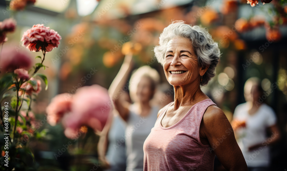 Active senior women enjoying a yoga class, stretching and maintaining health with smiles in a bright studio setting Active senior women enjoying a yoga class, stretching and maintaining health with smiles in a bright studio setting