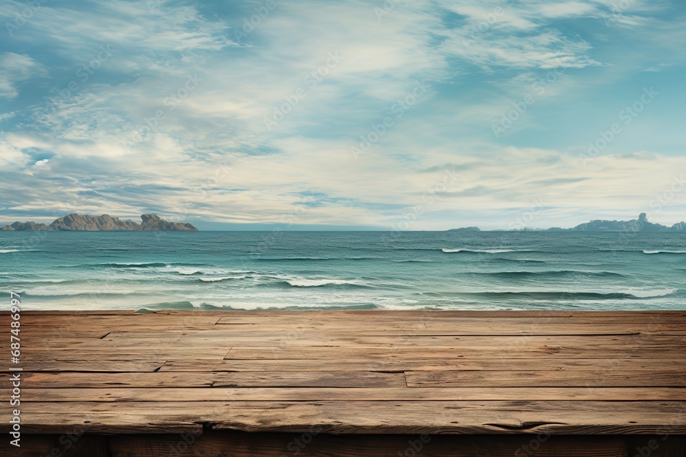 Empty wood plank table top with blue ocean seaview