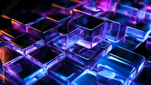 Abstract digital art of transparent overlapping squares with a neon glow on a black background, reflecting blue and purple hues photo