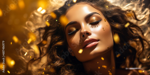 Ethereal beauty portrait of a serene young woman adorned with golden glitter, embodying elegance and luxury in a universe of shimmering gold particles