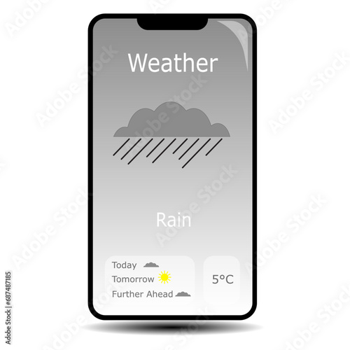 Weather app on a Mobile Phone Concept showing rainy weather