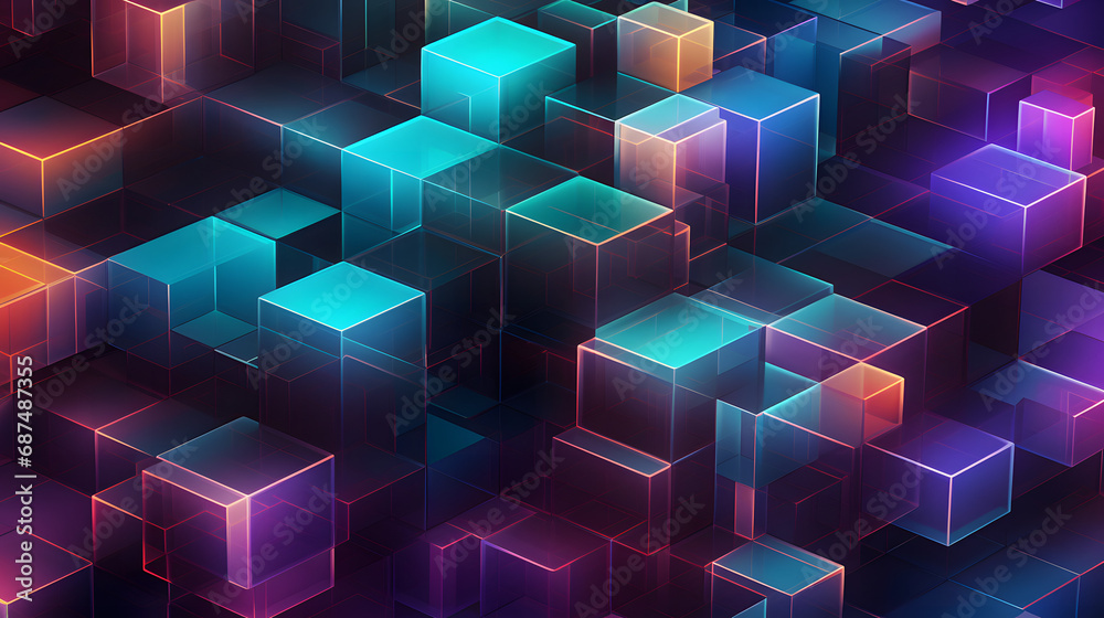 3D geometric pattern with overlapping cubes in holographic colors