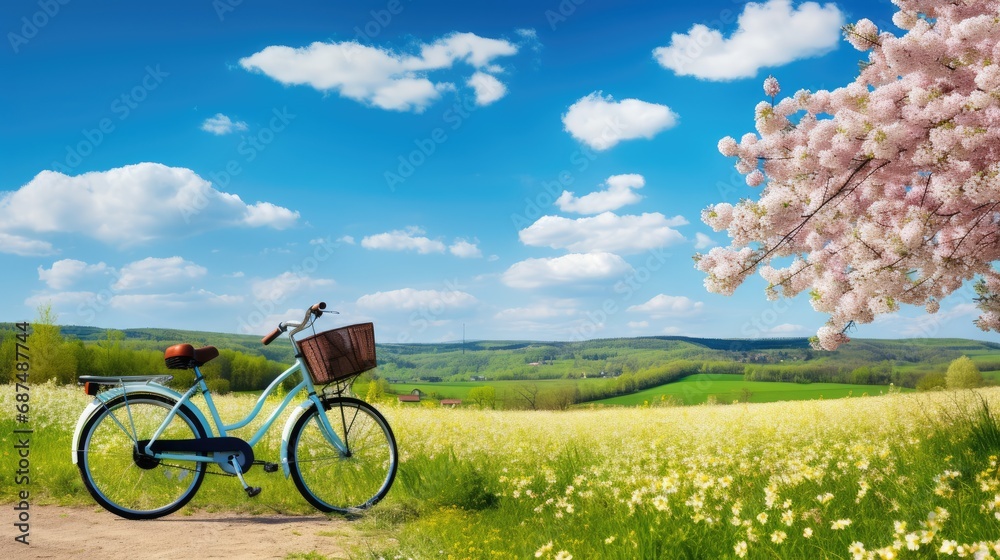 a clssic bicycle in beautiful spring summer natural landscape and a flowering meadow against a blue sky with clouds on a bright sunny day, Generative AI