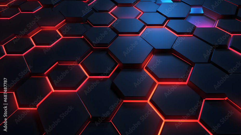 3D honeycomb pattern with neon accents on dark background 3D honeycomb pattern with neon accents on dark background