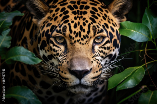 Close-up of a leopard's face in a tropical forest © Veniamin Kraskov
