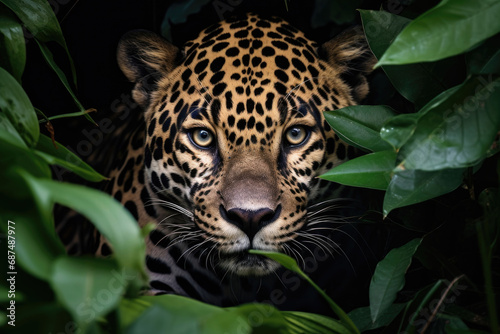 Close-up of a leopard s face in a tropical forest