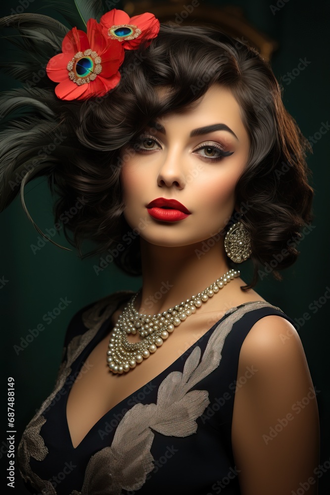 Professional Close up of a Attractive and Tempting Brunette Young Woman Looking at the Camera wearing many Jewels with a Brillant Red Lipstick. Professional Close up of a Attractive and Tempting Brunette Young Woman Looking at the Camera wearing many Jewels with a Brillant Red Lipstick.