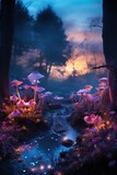 Professionan Photo of a Magical Forest with some Shining Mushrooms next to a Little River in the Middle of the Trees with Fog Hiding the Pink and Purple Sky during Sunset.