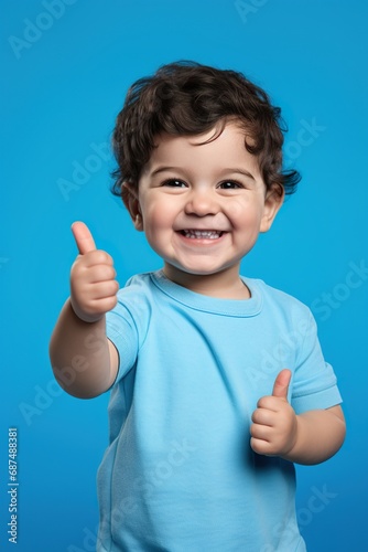 Happy toddler giving a thumbs up, on a vibrant blue studio backdrop