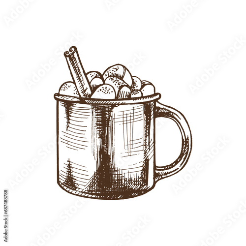 Hand-drawn sketch of hot drink with marshmallows and cinnamon stick in a mug. Hot chocolate, cocoa. Vector food drawing. Traditional Christmas dessert. Vintage cozy seasonal holidays.