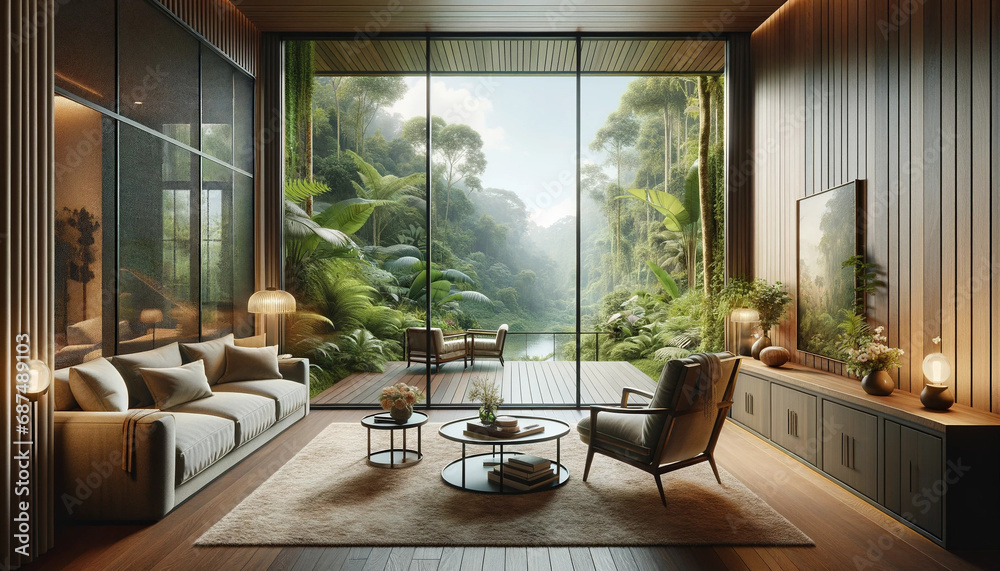 interior of a room with panoramic windows and a jungle outside the window