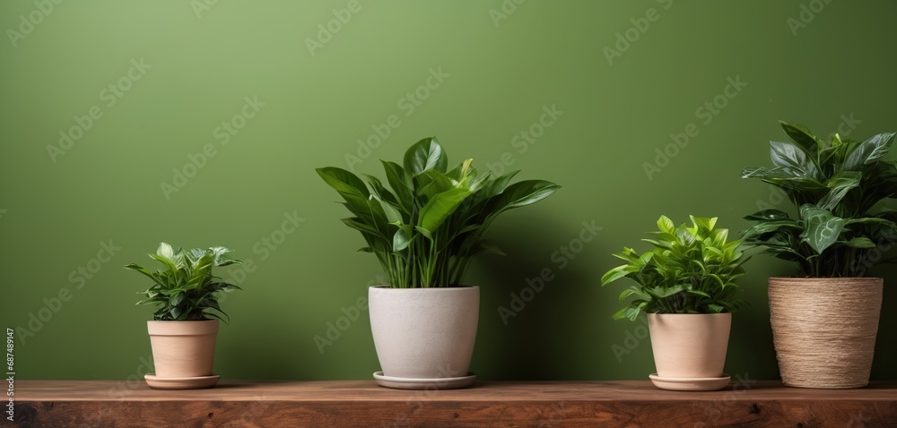 Potted plants on a wooden table against a green wall with copy space Potted plants on a wooden table against a green wall with copy space