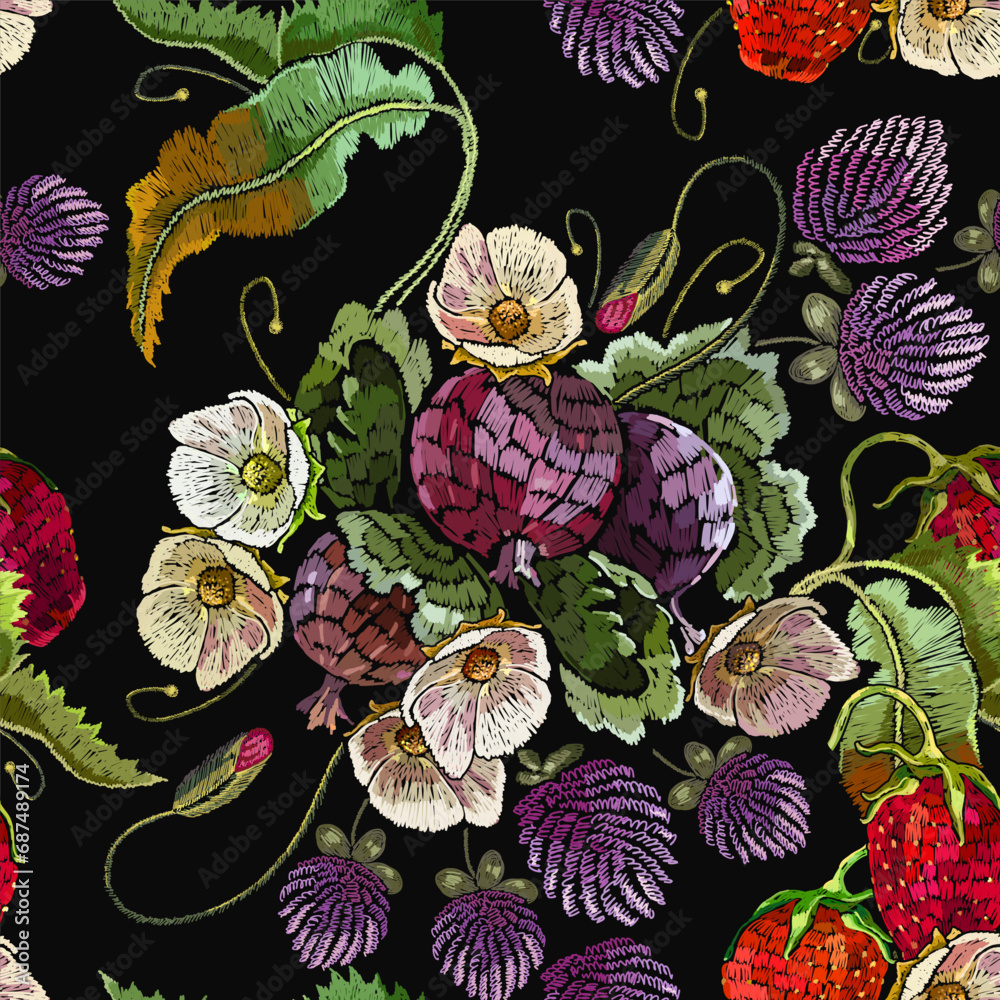custom made wallpaper toronto digitalStrawberry plant with leaves, berries and clover flowers. Fashion template for clothes, textiles and t-shirt design. Embroidery. Summer floral art. Seamless pattern