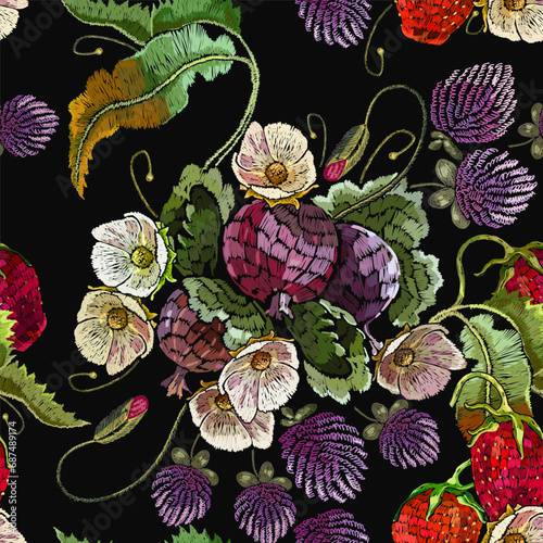 Wallpaper Mural Strawberry plant with leaves, berries and clover flowers. Fashion template for clothes, textiles and t-shirt design. Embroidery. Summer floral art. Seamless pattern Torontodigital.ca