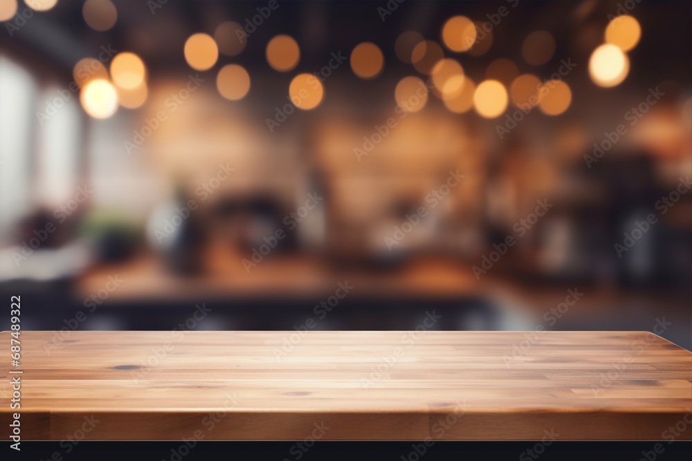 With a blurred kitchen setting in the background, a wooden tabletop serves as a versatile canvas for product display or design presentations. Created with generative AI tools - obrazy, fototapety, plakaty 