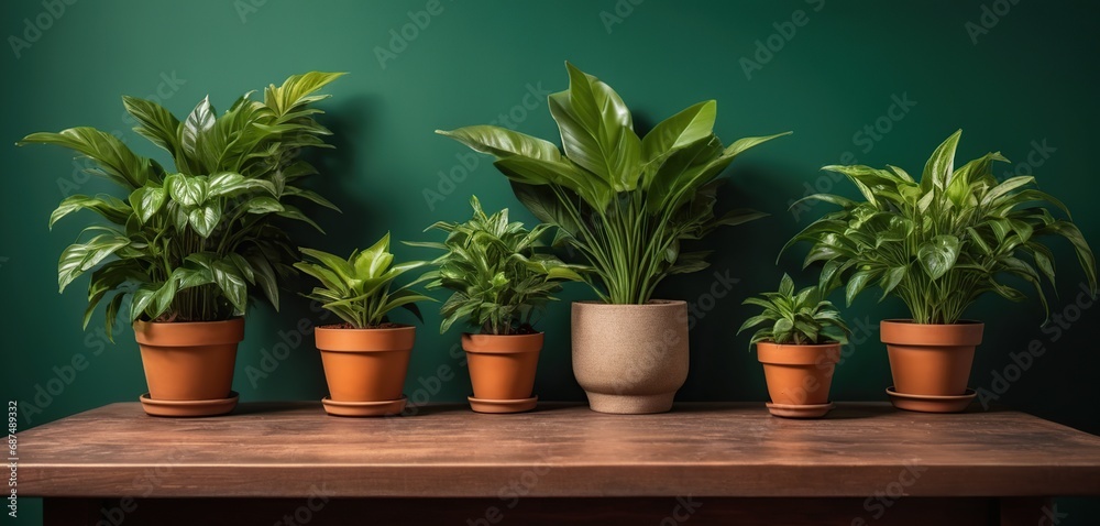 Potted plants on a wooden table against a green wall with copy space