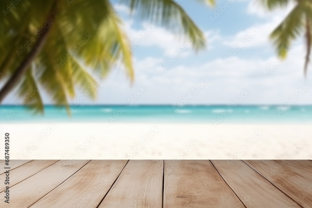 Fototapeta premium Set against the picturesque blur of tropical beach scene, including white sands, a lone palm tree, and the vast ocean, a light wooden table adds depth and contrast. Created with generative AI tools