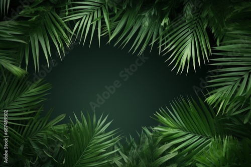 A backdrop highlighted by a frame made of fresh  green jungle palm leaves. Created with generative AI tools