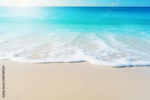 The beauty of an abstract sandy shore under the warm sunlight, kissed by turquoise waves—a background concept for a serene seaside resort, space for text or product. Created with generative AI tools