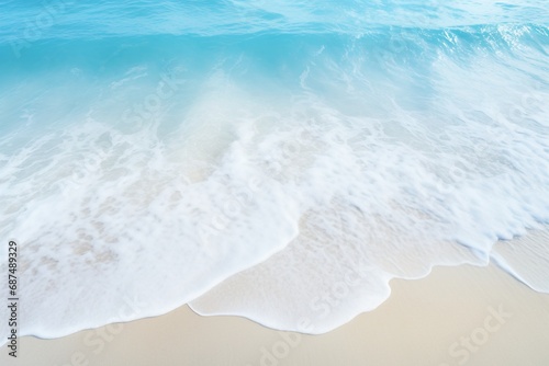 An abstract sandy beach, where the light blue waters intertwine with sunlit sands—a stunning summer vacation background concept, space for text. Created with generative AI tools