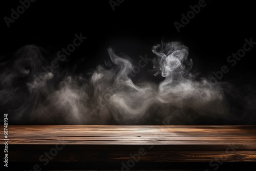 Against a dark backdrop, an empty wooden table is embellished with ascending smoke, ready to showcase your products. Created with generative AI tools