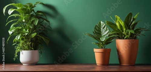 Potted plants on a wooden table against a green wall with copy space