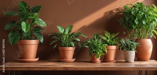 Potted plants on a wooden table against a green wall with copy space