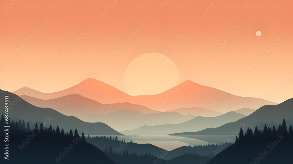 Obraz premium Minimalist desktop wallpaper with serene landscape at sunrise