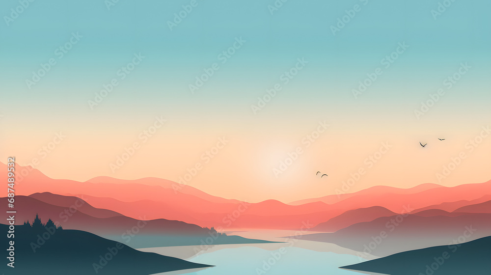 Minimalist desktop wallpaper with serene landscape at sunrise