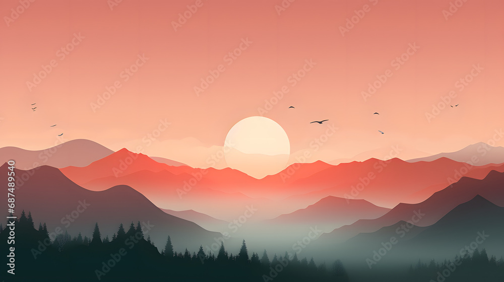 Fototapeta premium Minimalist desktop wallpaper with serene landscape at sunrise