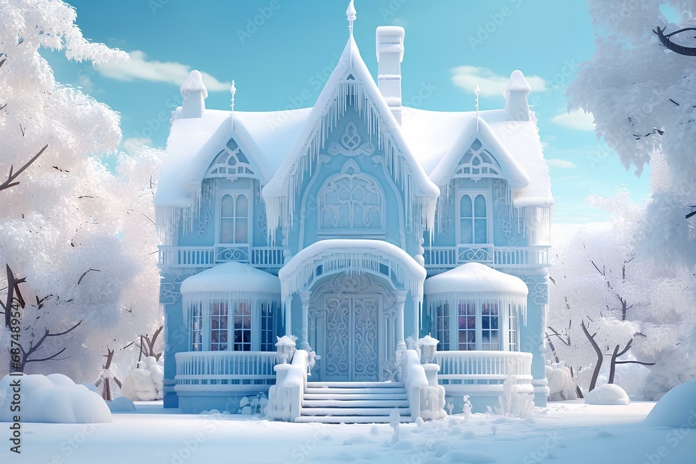 Fototapeta premium A winter fairy tale house in the forest covered with snow.