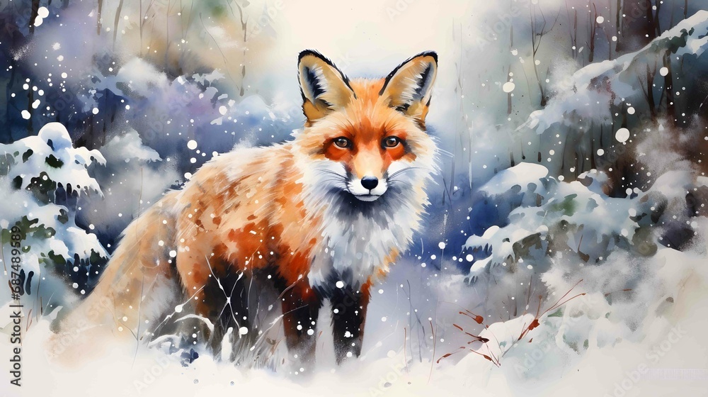 Fototapeta premium watercolor red fox in a snowy forest