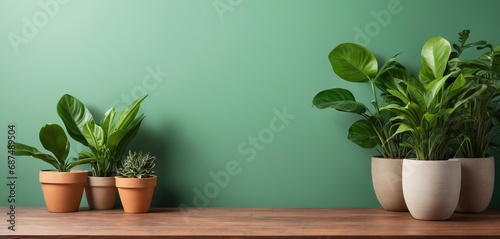 Potted plants on a wooden table against a green wall with copy space photo