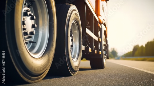 Big Semi Truck Wheels Tires. Rubber, Tyres. Tractor Truck. Freight Trucks Logistics Transport. Auto Service Shop. © PaulShlykov