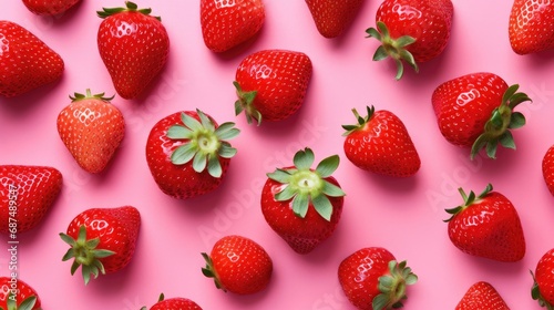 a group of strawberries on a pink background