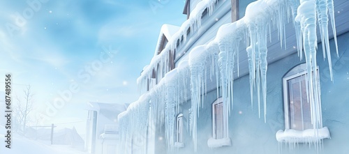 Icicles hanging from the roof of the house, winter background with frozen icicles on the roof, melting ice, spring thaw. photo