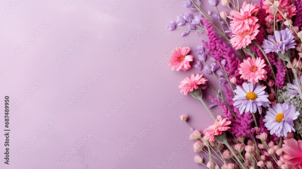 multicolored spring flowers on purple background