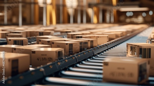 Close-up of multiple cardboard box packages on conveyor belt