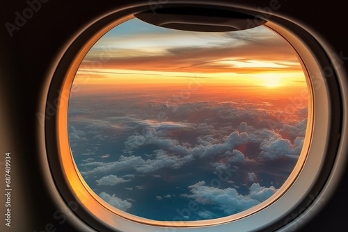 Beautiful sunset  sky on the top view  airplane flying view from inside window aircraft of Traveling