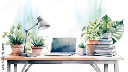 watercolor of a home office setup photo