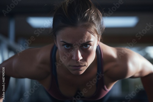 Exemplifying Perseverance: Young Woman's Face Reflects Determination and Vitality in Intense Gym Workout