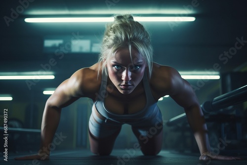 Intense Fitness Perseverance: Young Woman Showcases Determination and Vitality in Push-Up Exercise