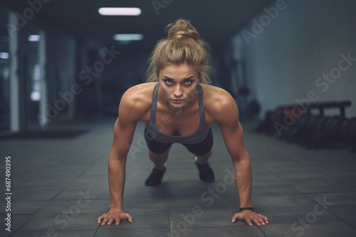 Intense Fitness Perseverance  Young Woman Showcases Determination and Vitality in Push-Up Exercise