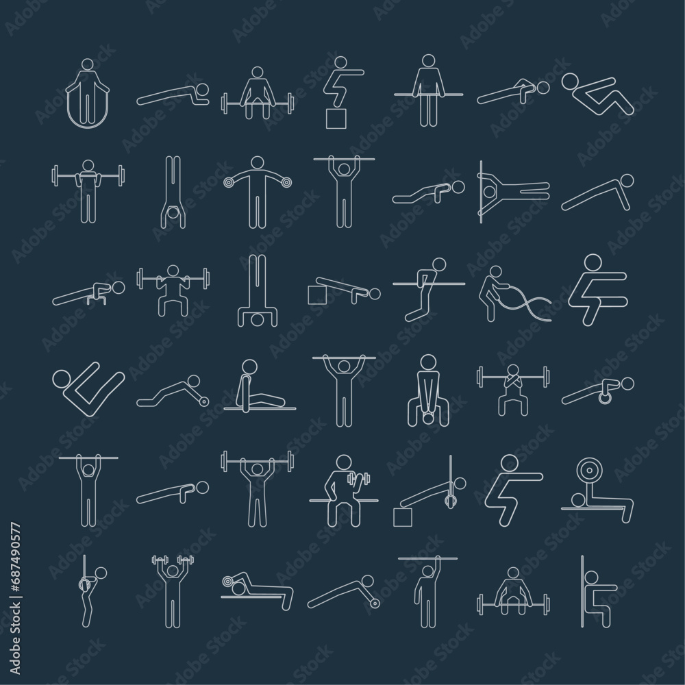 Set of calisthenics training exercises icons in outline style. Workout, athletic, gym, fitness symbols. Stylized people making sports in gymnasium. Isolated line vector illustration Set of calisthenics training exercises icons in outline style. Workout, athletic, gym, fitness symbols. Stylized people making sports in gymnasium. Isolated line vector illustration