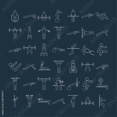 Set of calisthenics training exercises icons in outline style. Workout, athletic, gym, fitness symbols. Stylized people making sports in gymnasium. Isolated line vector illustration
