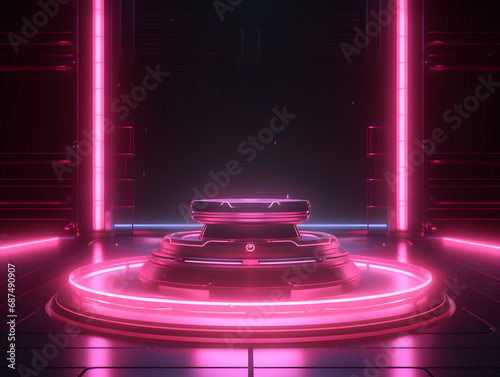 3d rendering of a glowing futuristic neon minimal pink cyberpunk podium on a dark background for gaming
