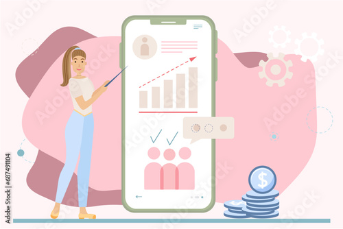 Target audience, digital targeting marketing, digital marketing campaign, Social network, media communication, flat illustration, finance education, scenes people making online promotions