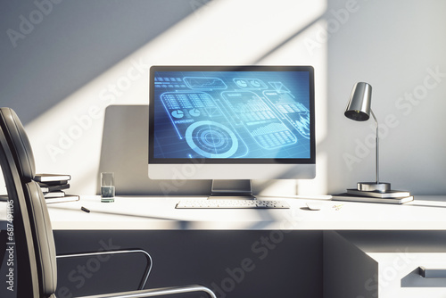 Modern computer monitor with abstract creative statistics data hologram, statistics and analytics concept. 3D Rendering