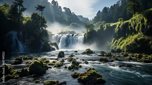 Waterfall at dawn surrounded by fog